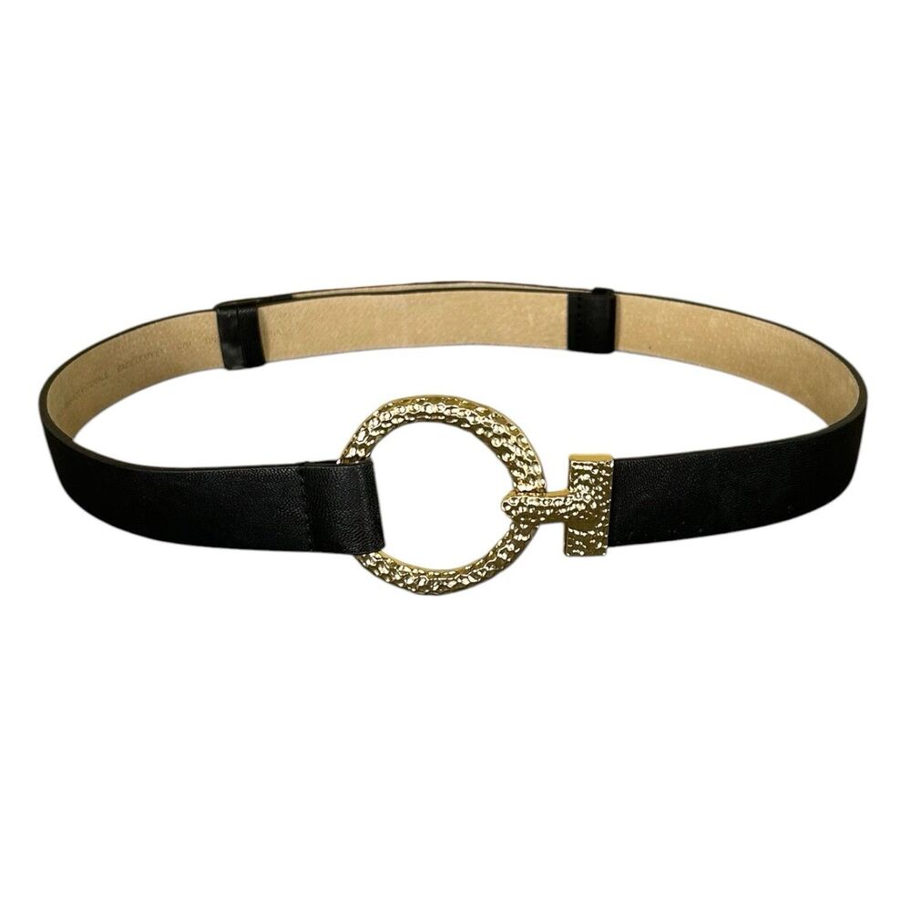Chico’s Hammered Metal Black Leather Circle Belt  Silver Tone Adjustable M/L